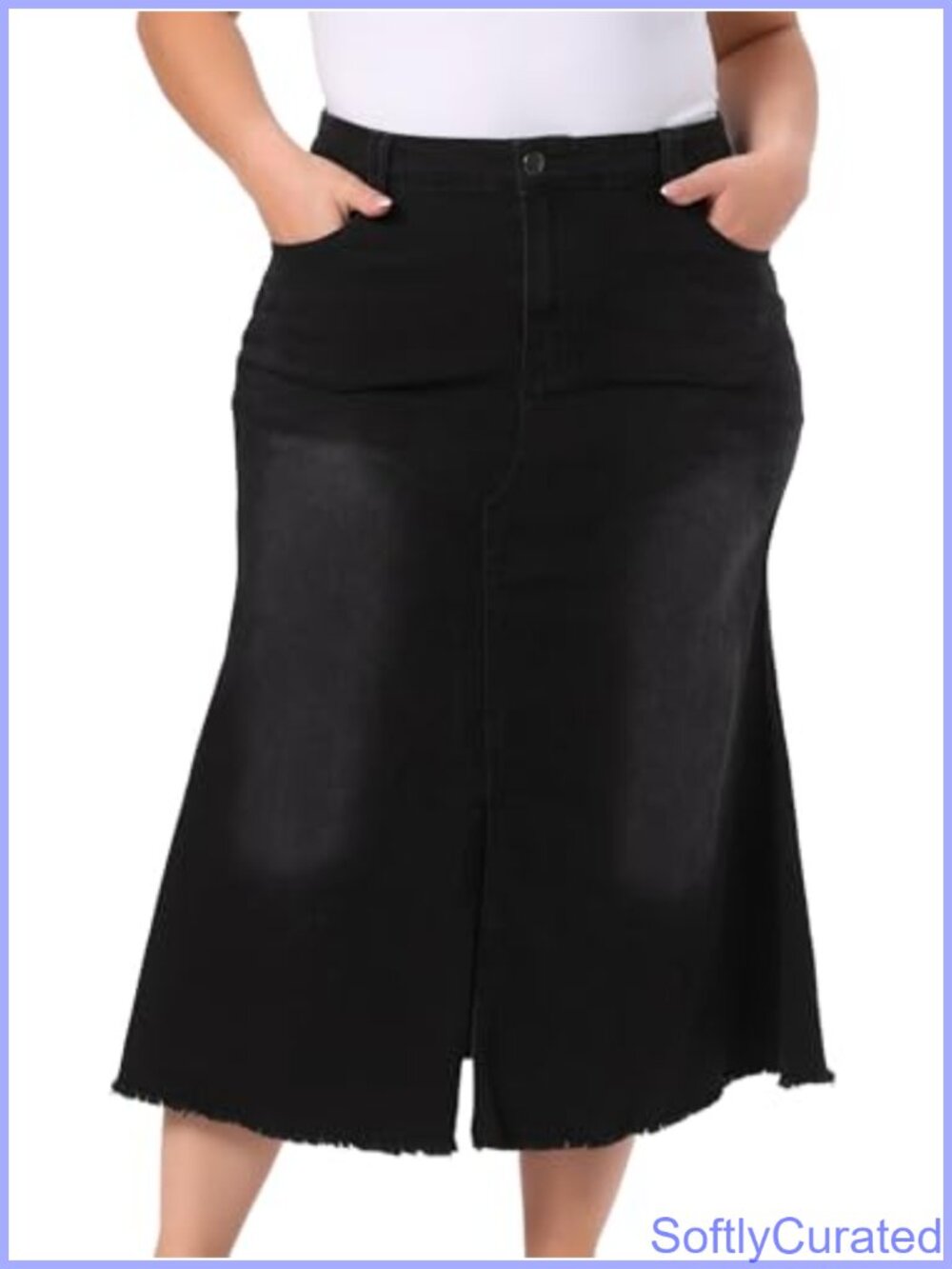 Plus Size Denim Midi Skirt High Waist A Line Fishtail Jean Skirt with Pockets